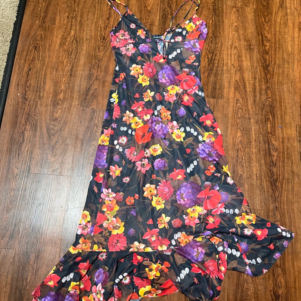Long floral asymmetrical mesh dress